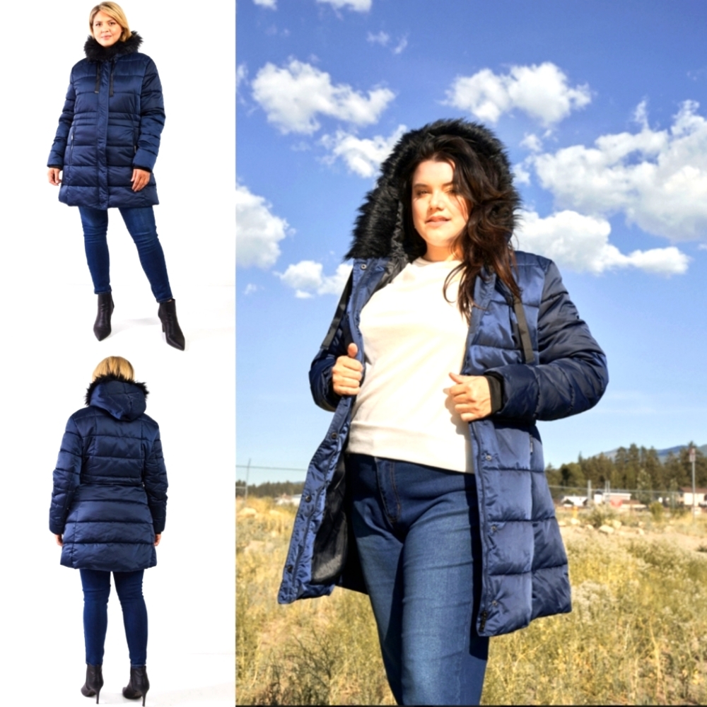 Glossy Long Fitted Vegan Fur Hood Puffer Jacket